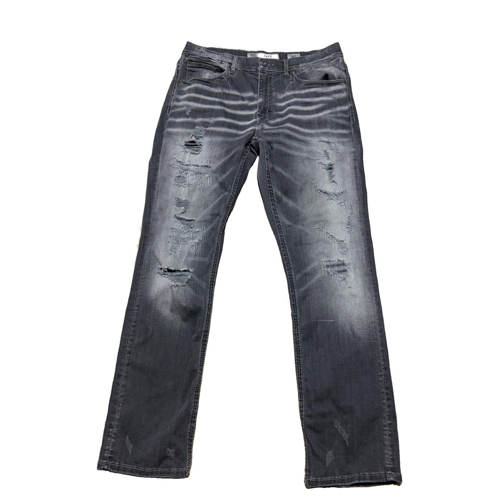 BKE Mens 36L Jake Straight Fit Black Jeans Distressed Whisker Embroider Stretch
